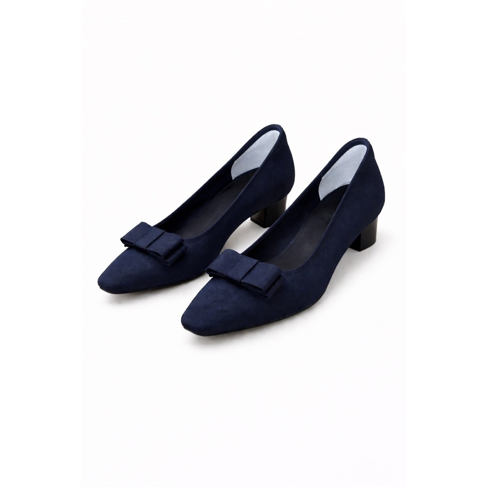 Navy Bow-Accent Low Heel Pumps